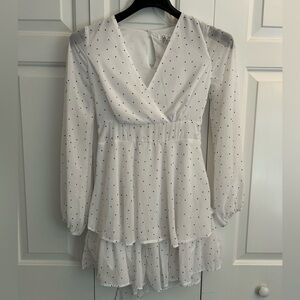 Japna White Dress- sheer fabric + subtle black dots. V-neck with elastic waist.